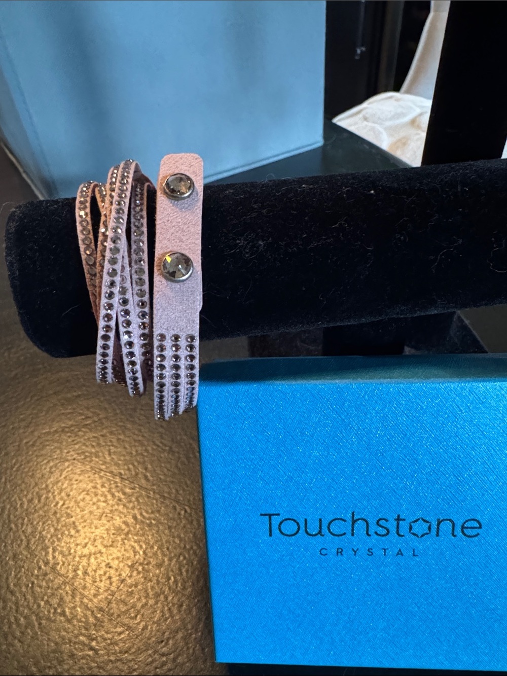 Touchstone Crystal Light Pink Suede Wrap Bracelet with Crystal Studs